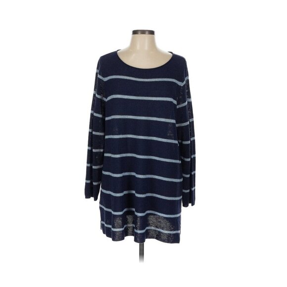 Eileen Fisher Sweater Women Large Navy Striped Pullover Beach Nights Wool Blend - Picture 2 of 8